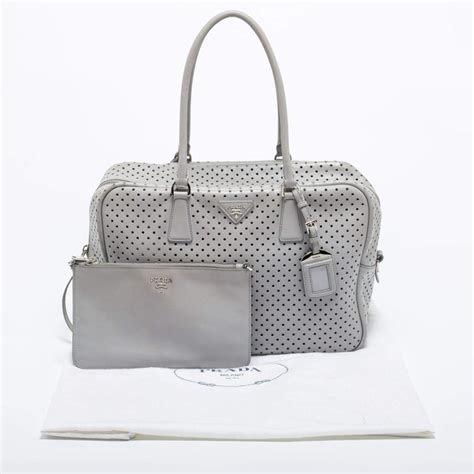 Prada Grey Perforated Leather Boston Bag For Sale at 1stDibs