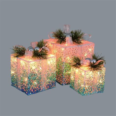 Set of 3 Blue and White Decorative Lighted Christmas Gift Boxes Yard ...