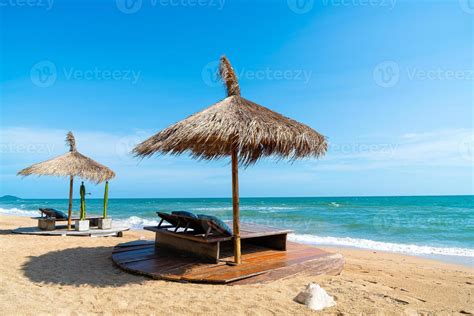 beach chair and umbrella with sea beach background 13083949 Stock Photo ...