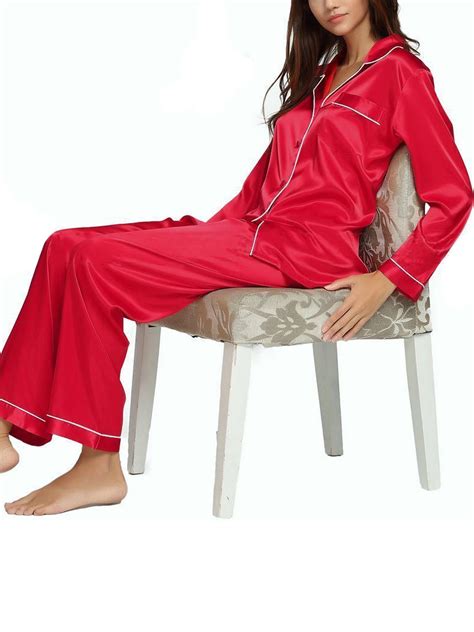 Women Silk Satin Pajamas Set Long Sleeve Long Button-Down Loungewear - Walmart.com