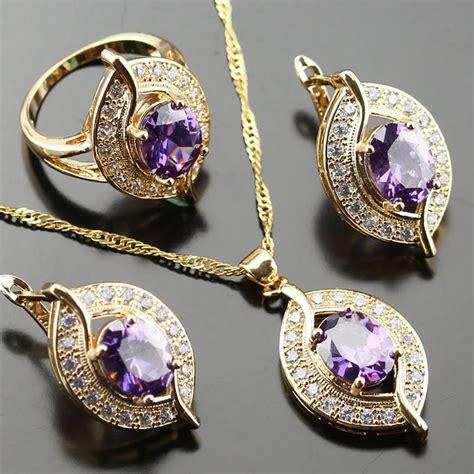 Noblest Purple Crystal stone Jewelry Set For Women White Zircon Gold ...