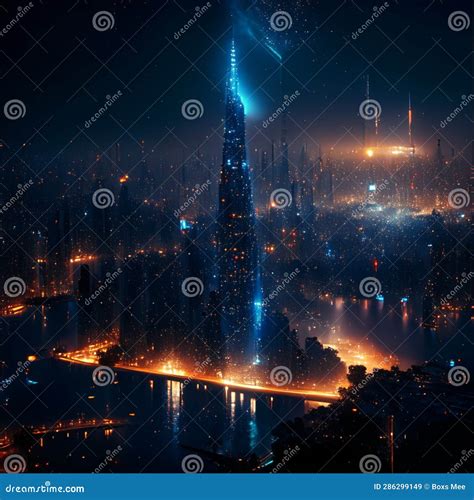 Dubai Skyline at Night, United Arab Emirates. Dubai is the Fastest ...