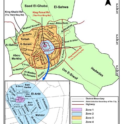 Administrative map and the four geographic zones of Al-Madinah (source ...