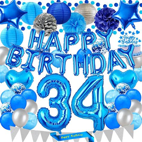 Buy Santonila Blue 34th Birthday Decorations Happy Birthday Banner Sash and Cake Topper Number ...