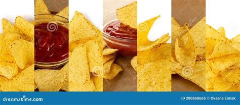 Triangle Corn Chips Food Collage, Various Mexican Nachos Chips Stock ...