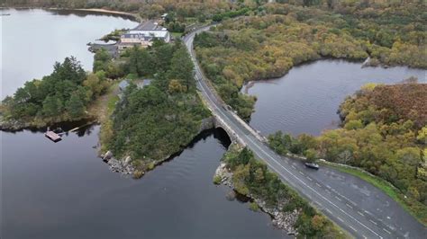 Aerial footage of Pontoon Bridge, Drummin wood, Lough Conn and Lough Cullin, County Mayo ...