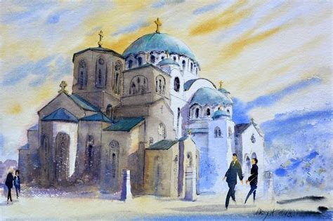 Crkva i hram Svetog Save_36x54cm_2019 Art Print | Painting, Watercolor landscape paintings ...