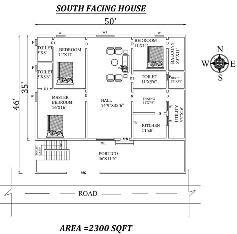 50'X46' 3bhk South facing House Plan As Per Vastu Shastra. Autocad DWG ...