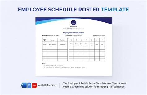 Weekly Schedule Roster Template in Word, PDF, Google Docs - Download ...