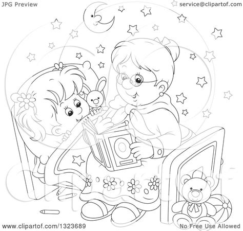 Outline Clipart of a Cartoon Black and White Granny Reading a Bedtime Story to Her Granddaughter ...