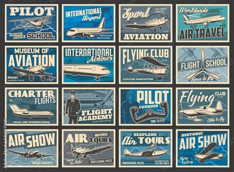 Planes, flying aircraft, flight aviation academy, vintage retro vector posters. Air travel and ...