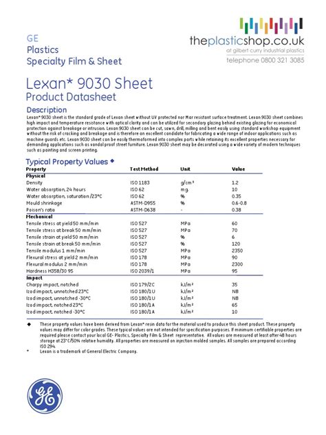 Lexan Polycarbonate 9030 Technical Properties Data Sheet | PDF | Sheet ...