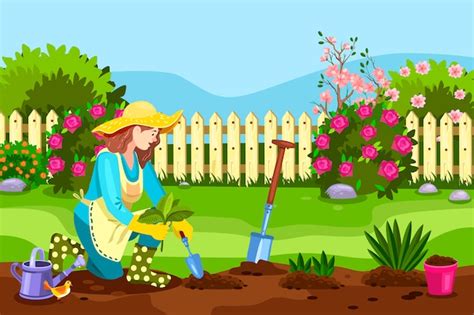 Premium Vector | Spring backyard concept with young female, fence, blooming bushes, roses ...