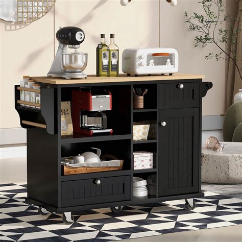 Kitchen Island Cart with Storage Cabinet & Two Locking Wheels, Solid W ...