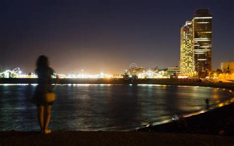 Illuminated Barceloneta Beach in Summer Night Stock Image - Image of ...