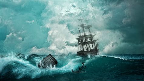 ship, storm, waves, anchor, photoshop, 4k HD Wallpaper