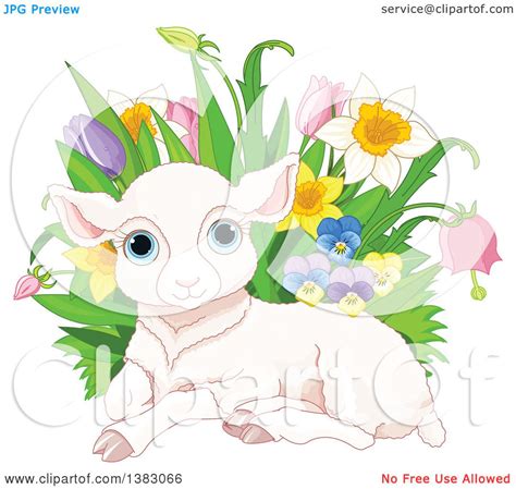 Clipart of a Cute Pink Easter Sheep Lamb Resting by with Spring Flowers ...