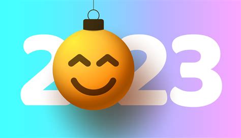 Greeting card for 2023 new year with smiling emoji face that hangs on thread like a christmas ...