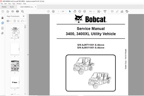 Bobcat 3400, 3400XL Utility Vehicle Service Manual 6989602 (10-15 ...