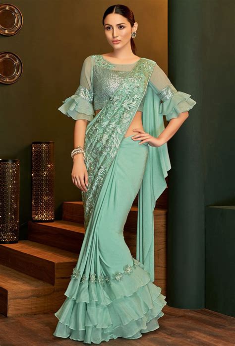 Sea Green Lycra Ruffle Drape Saree | Fancy sarees party wear, Ruffle ...