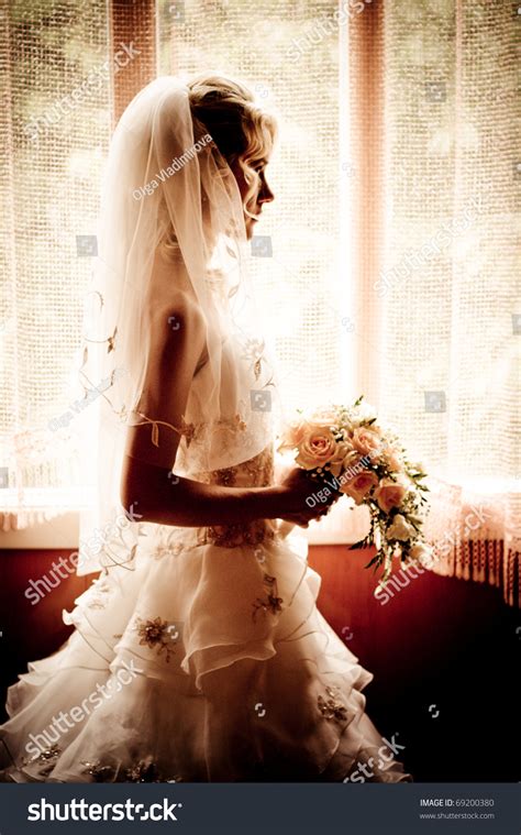 Silhouette Of The Bride Weared In Dress And Veil With A Bouquet Stock ...