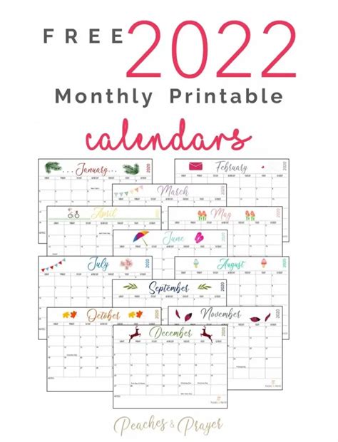 Free 2022 Monthly Calendar Printables {Two Options} - Peaches & Prayer