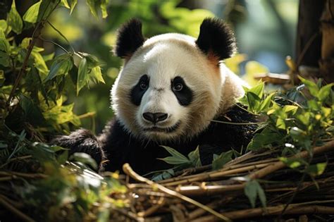 Premium AI Image | Panda bear relaxes between Bambus in its natural ...