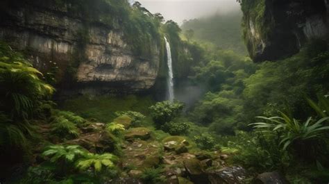 Premium AI Image | A forest scene with a waterfall in the background.