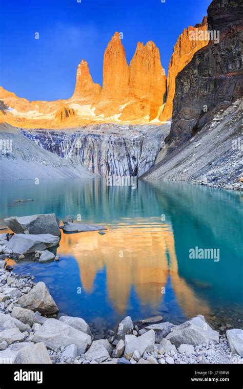 Torres Del Paine National Park, Chile. Sunrise at the Torres lookout ...