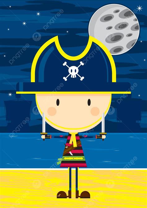 Cute Cartoon Pirate Captain On Beach Piracy Galleon Pirate Hat Vector ...