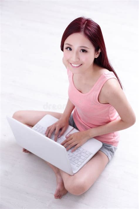 Woman smile using laptop stock image. Image of casual - 57640883