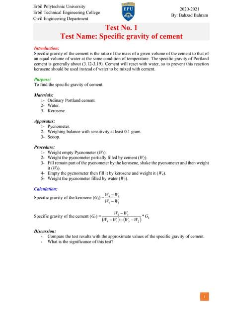 specific gravity of cement Test | PDF