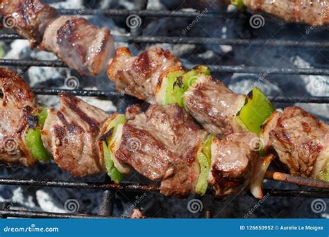 Beef brochette on barbecue stock photo. Image of meat - 126650952