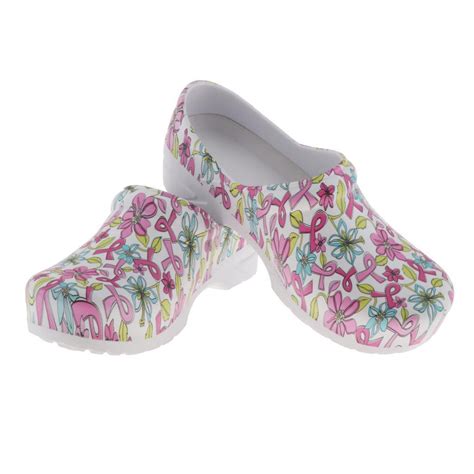 Women's Pink Ribbon Floral Nursing Shoes Waterproof Slip-Resistant Nurse Clogs | eBay