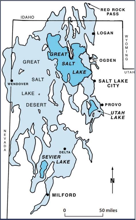 Outline of Lake Bonneville at the Bonneville shoreline around 18,000 years ago, and modern ...