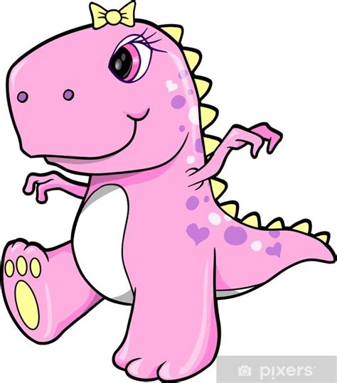 Sticker Cute Pink Girl Dinosaur T-Rex Vector Illustration Art - PIXERS.US