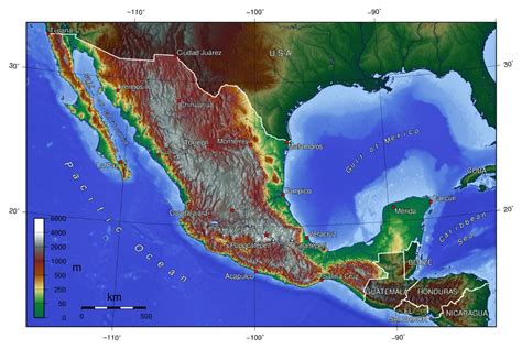 Large topographical map of Mexico with major cities | Mexico | North ...