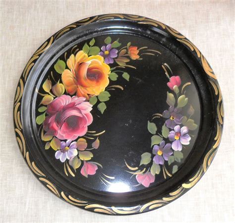 Vintage Round Tole Tray With Hand Painted Flowers and Leaves C.1940's ...