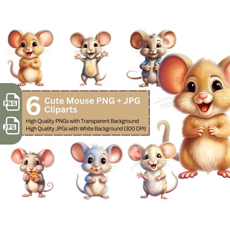 Cute Mouse Clipart 6 High Quality Pngs Nursery Art Card Making - Etsy