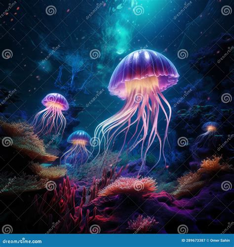 Bioluminescent Creatures in the Deep Sea Stock Image - Image of ...