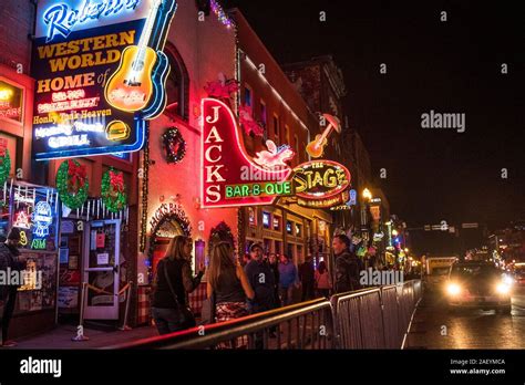 Nashville's famous Broadway strip famed for all its live music venues and bars, which blare out ...