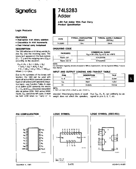 74LS283 datasheet(1/4 Pages) ETC1 | 4-Bit Full Adder With Fast Carry ...