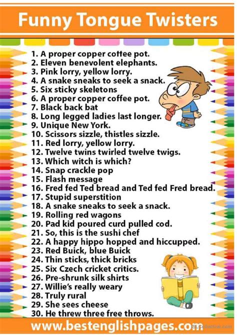 Amazing & Funny Tongue Twisters: English ESL worksheets pdf & doc