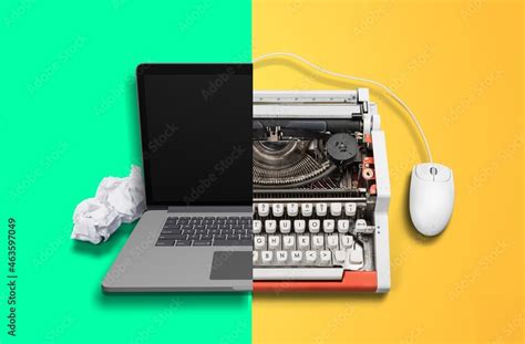 Old vs new technology. Modern computer and typewriter Stock Photo ...