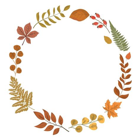 Autumn rustic round wreath card template with leaves and greenery border frame. Seasonal bright ...