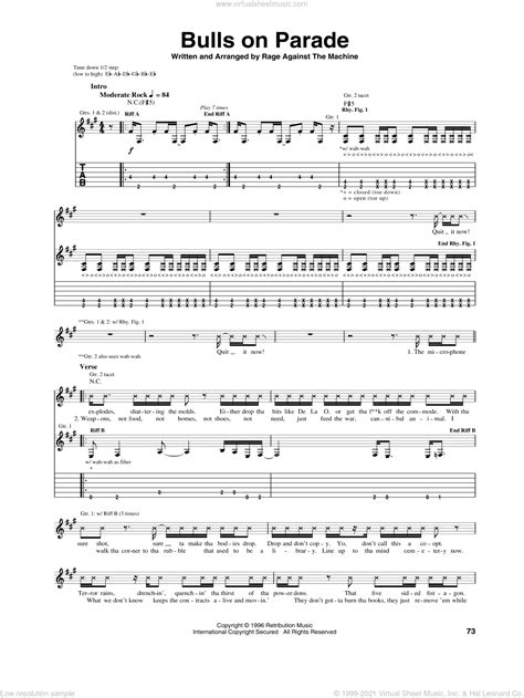 Bulls On Parade sheet music for guitar (tablature) (PDF)