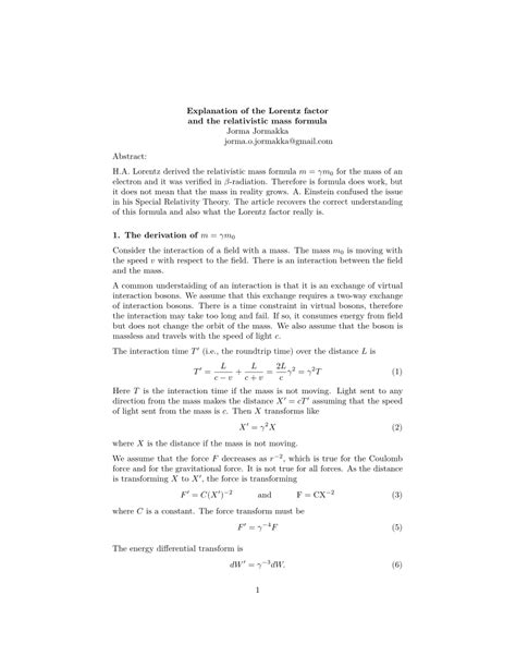 (PDF) Explanation of the Lorentz factor and the relativistic mass formula