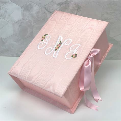 Medium Baby Keepsake Box in Moiré with Silk Ribbon Flowers | MARCELA