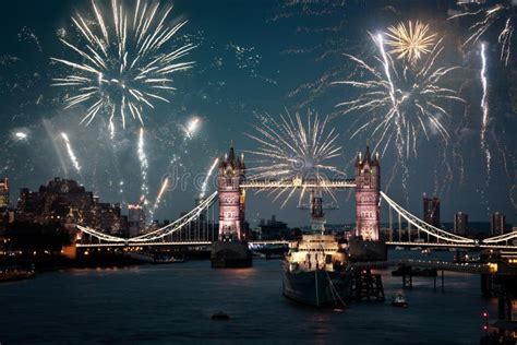 Tower Bridge with Fireworks, Celebration of the New Year in London, UK Stock Photo - Image of ...