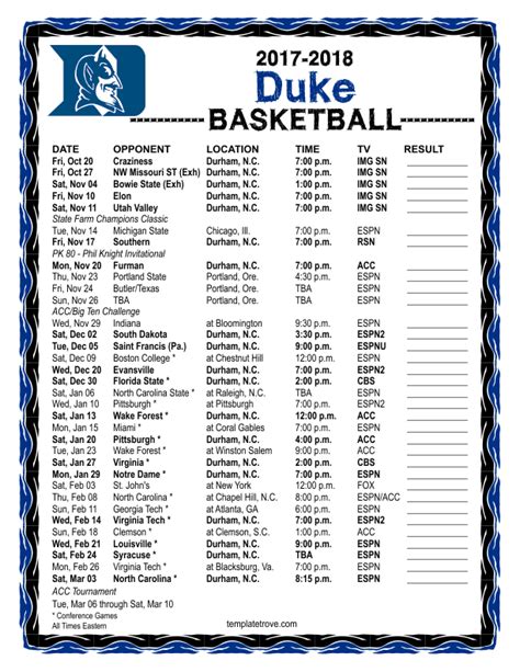 Duke Basketball Printable Schedule - Printable Blank World